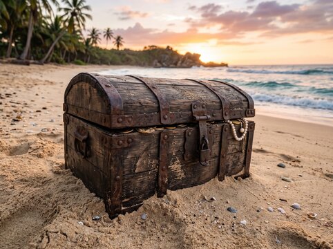 Old wooden treasure chest resting on sandy tropical beach at sunset