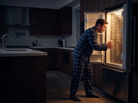 Man wearing pajamas looking into open refrigerator at night