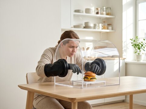 Woman wearing glove box gloves handling a burger in a kitchen