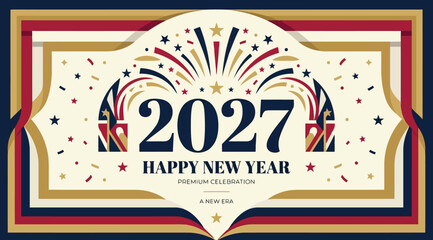 Obraz premium Happy new year 2027 premium celebration banner with fireworks and stars in a vintage frame design