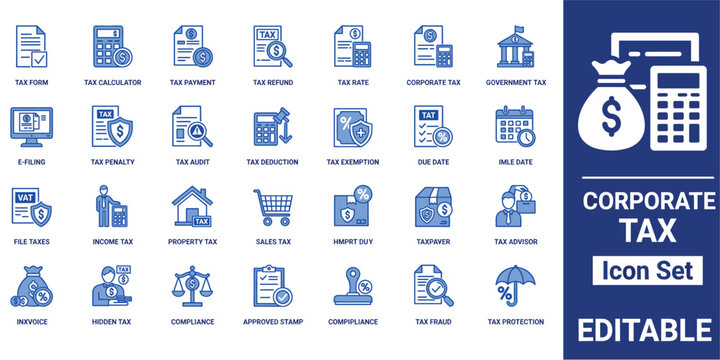 Set of blue and white tax and finance featuring symbols for tax forms, calculators, money bags, audits, and corporate financial compliance