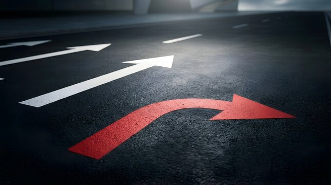 Minimalist 3D road concept featuring a red arrow turning right against white straight arrows, representing decision making and choosing a unique direction on asphalt.