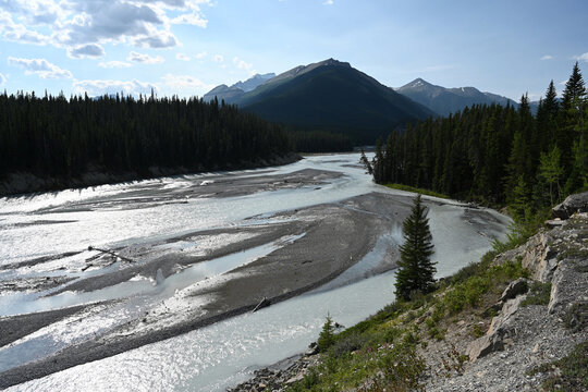 Landscape of Canada with river and Mountains. Jasper National Park, Alberta, Canada.