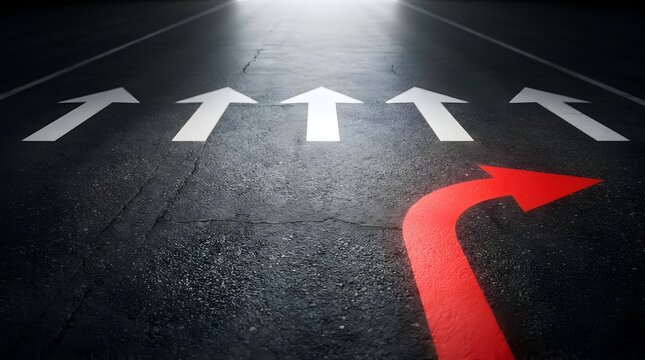 Minimalist 3D road visual with straight white arrows and one red turning arrow symbolizing strategic decision making, unique paths, and business leadership choices.