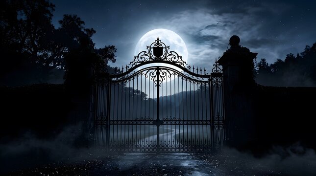 Ornate iron gate standing before a glowing full moon in a dark misty landscape at night 