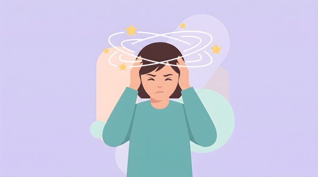 Woman Holding Head Suffering from Dizziness Headache or Migraine Vector Illustration