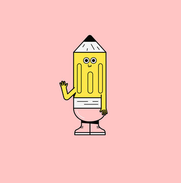 Cute Pencil Character Waving &ndash; Kawaii School and Education Illustration