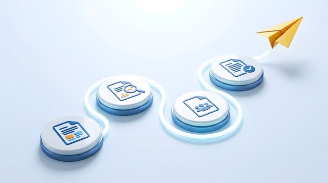 3D Business Process Workflow Illustration Featuring Glowing Path Nodes with Document Icons and a Yellow Paper Plane Representing Project Success and Management Strategy on Blue Background