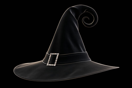Tattered black witch hat with curled tip, frayed brim and rustic brass buckle, Halloween accessory on black background