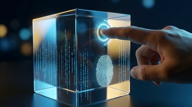 Futuristic 3D visualization showing biometric fingerprint scanner on a glass cube with digital binary data stream and glowing high-tech interface for secure identity authentication.