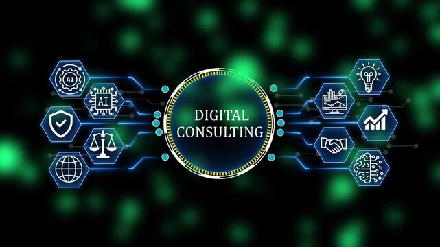 Futuristic Digital consulting and Cloud Technology Network with AI, Cybersecurity and Digital Business Icons. 4k animation