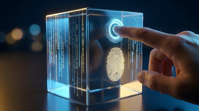 Modern 3D visualization of futuristic biometric fingerprint security scanning on a glowing digital glass cube with binary code data for cybersecurity and high-tech identity verification.