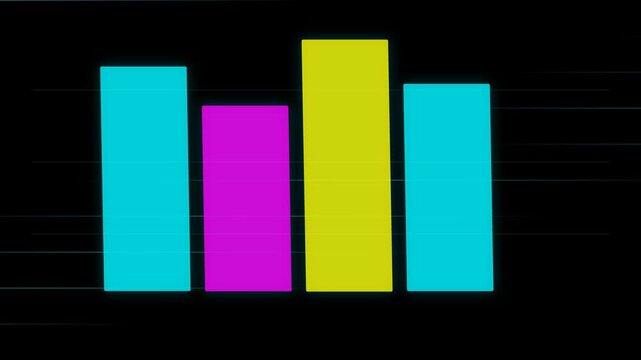 Colorful neon bar charts displaying data on black background
