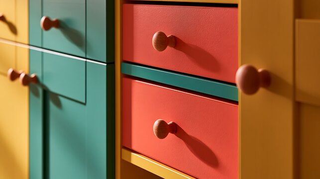 Colorful modern wooden furniture with red drawers and teal accents.