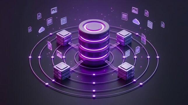 Futuristic 3D isometric illustration of a modern data management system with central database server connected to cloud storage and digital file icons in glowing purple neon style.