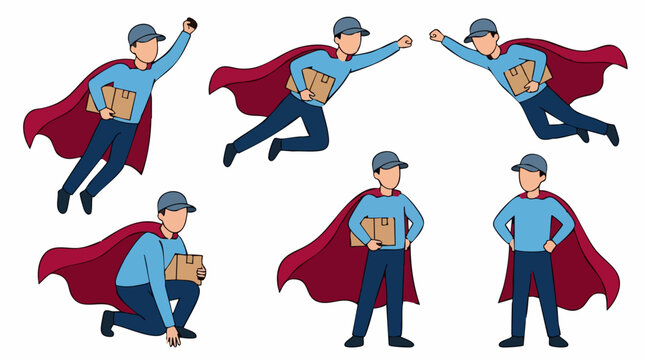 Superhero delivery man in various action poses holding a package