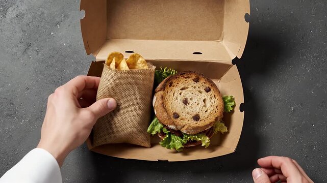 Overhead view of a hand placing a fresh sandwich with lettuce into an open, eco-friendly kraft paper food box.