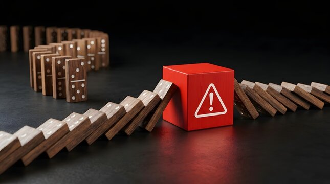Conceptual photorealistic image of a red block with a warning symbol stopping falling wooden dominoes, representing risk management, crisis prevention, and proactive business strategy.