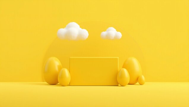 Yellow easter eggs with a blank podium display and white clouds in a bright sunny theme
