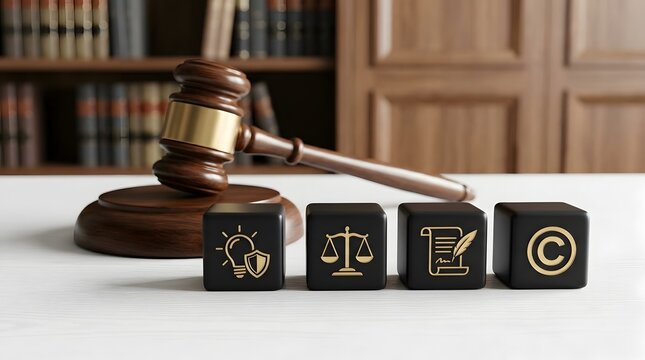 Photorealistic judge gavel with minimalist cubes showing intellectual property, copyright, and law icons in a professional legal office setting.