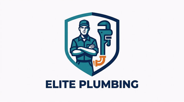 Vector emblem design featuring a confident male plumber with crossed arms and a pipe wrench inside a shield badge, ideal for plumbing and handyman services branding.
