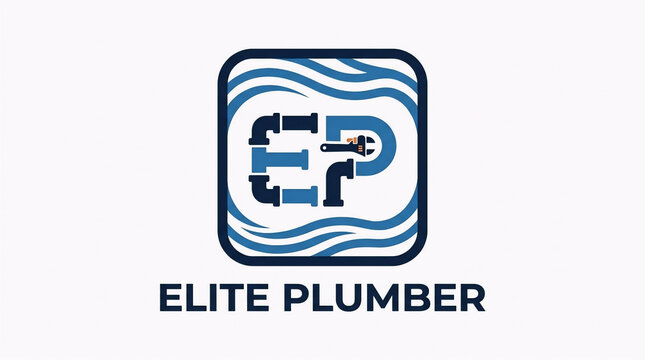 A clean and modern logo concept for plumbing services featuring the initials EP incorporated with pipe fittings, wrench tool, and water waves inside a rounded square badge.