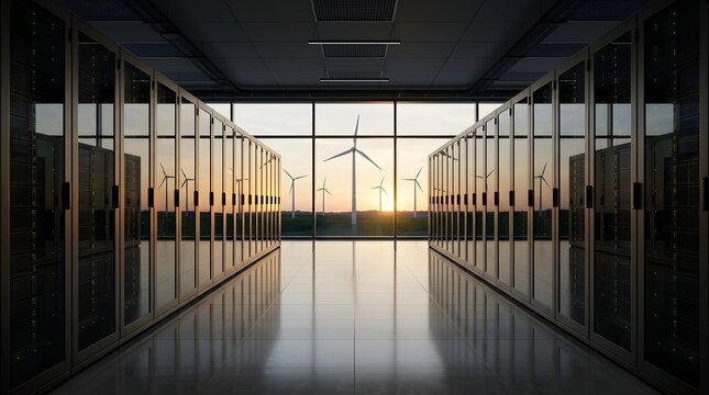 Modern photorealistic data center interior with rows of server racks overlooking a sustainable wind turbine farm at sunset, representing green energy, cloud computing, and eco-friendly technology.