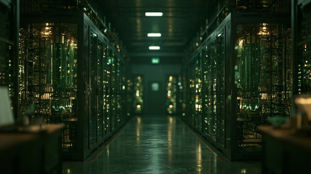 Corridor of a high-tech data center with glowing server racks and futuristic machinery inside a modern facility
