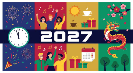 Fototapeta premium 2027 new year celebration concept with clock, fireworks, people, gifts, and dragon illustration