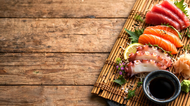 Beautifully plated sushi assortment from Japan, featuring slices of fresh tuna, salmon, and octopus, delicately arranged with wasabi, pickled ginger, and soy sauce, served on a traditional bamboo mat.