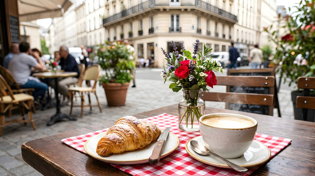 A beautifully plated croissant and cafe from France, featuring a golden, flaky croissant next to a steaming cup of coffee, with a Parisian cafe table setting, complete with a checkered napkin .