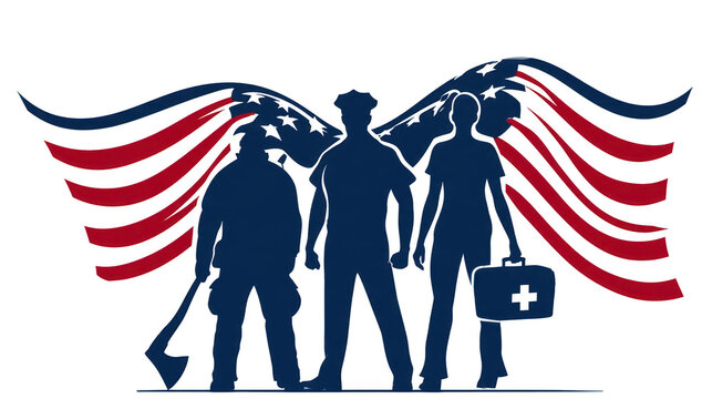 Silhouetted illustration of American first responders with a national flag