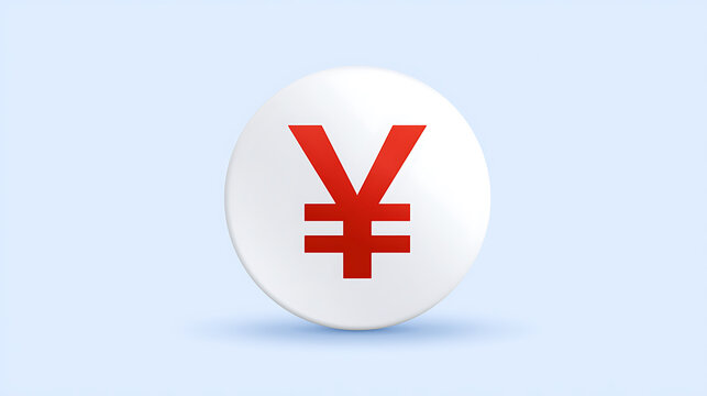 Red yen currency symbol rendered on a smooth white circular button icon against clean light blue studio background for financial business