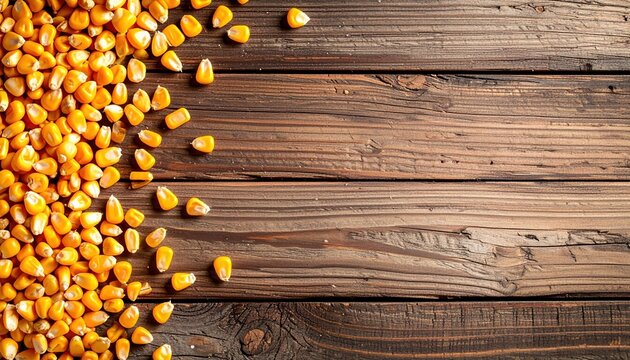 Scattered corn kernels in a repeating pattern 3D Illustration across a farmhouse wooden table