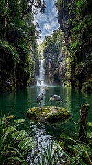 Fototapeta premium Two herons on a rock in front of a waterfall