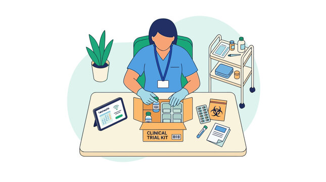 Medical professional preparing clinical trial kit with medical supplies