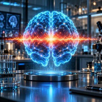 Holographic Brain in Futuristic Neuroscience Laboratory