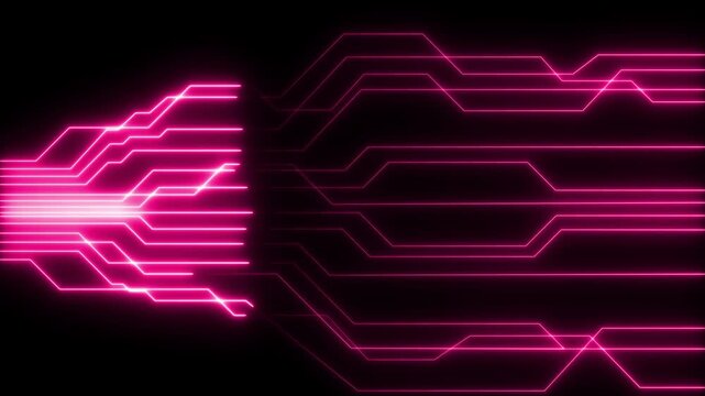 Neon pink digital circuit board animation, futuristic data flow background, cyberpunk technology concept, high-tech network connection motion