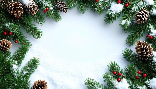 Evergreen branches forming a decorative border 3D Illustration around a snowy holiday scene