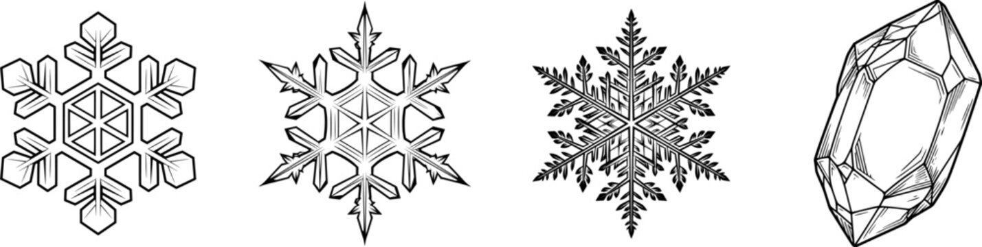 A pristine ice crystal in black and white line art showcases a geometric hexagonal shape with internal lines, isolated on a clean white background, perfect for vector tracing