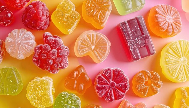 Assorted fruit shaped gummy candies 3D Illustration on a colorful candy shop background