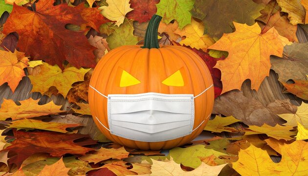 Carved pumpkin with face mask 3D Illustration surrounded by autumn leaves