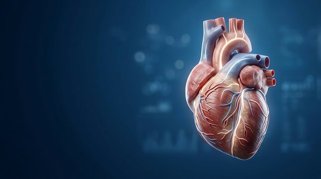 Anatomical human heart model, realistic medical illustration of cardiac organ, cardiovascular health concept on blue background