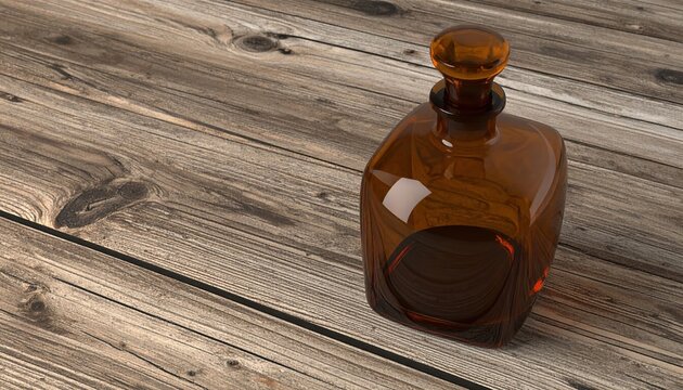 Amber glass decanter with stopper 3D Illustration on a vintage wooden table
