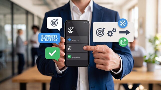 A business professional holding a smartphone with digital strategy icons in an office setting