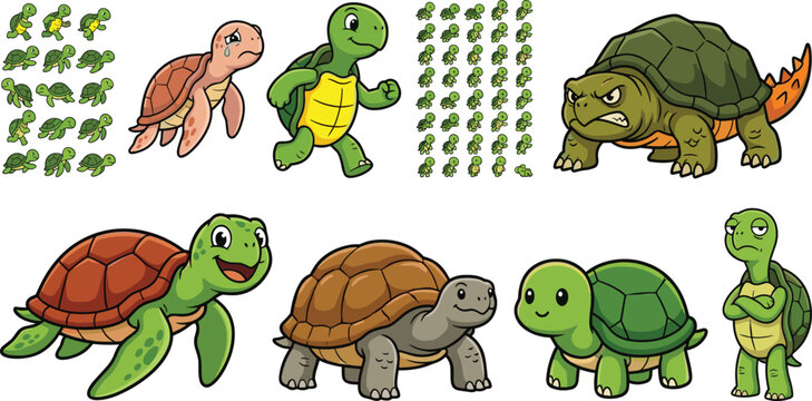 Cute Cartoon Turtle and Tortoise Character Collection Featuring Sea Turtles, Green Turtles, Giant Tortoises, Angry Snapping Turtle, and Repeating Animal Illustrations