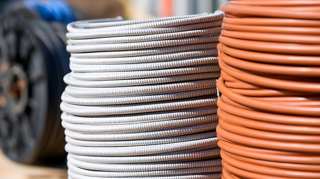 Close-up view of coiled plastic electrical conduits and orange tubes stored at a construction site warehouse ready for installation work
