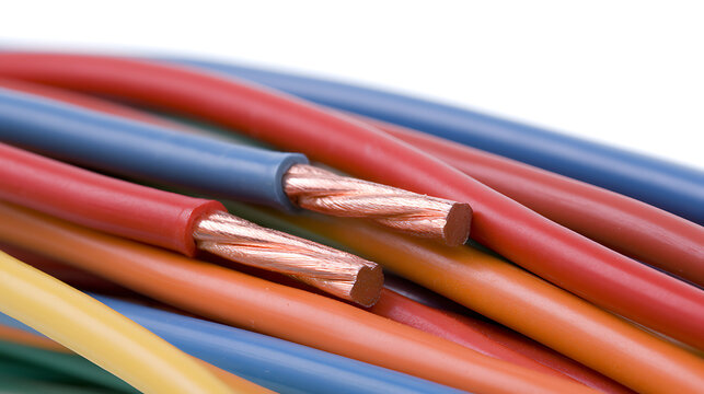 Close up view of multi colored electric wires and copper cables with insulation isolated on white background for technology and industry concept