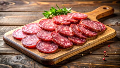 Fototapeta premium Fresh cured sausage slices arranged diagonally across a rustic wooden serving board, 3D Illustration.
