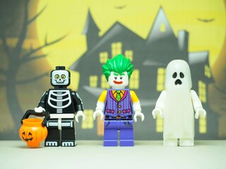 Fototapeta premium Indonesia - September 11, 2023 : Mini toy at table with blurred background. Halloween party concept design.